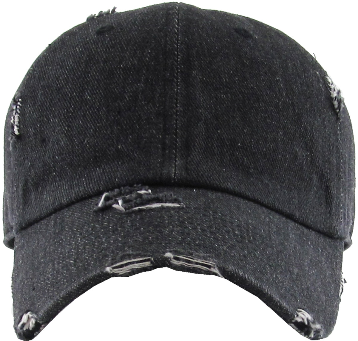 Black Denim Distressed Vintage Baseball Cap Front View
